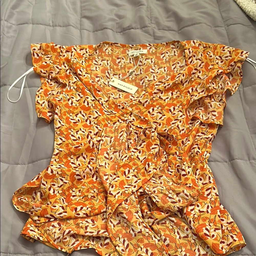 Max Studio Orange Ruffled Wrap Blouse with Cap Sleeves